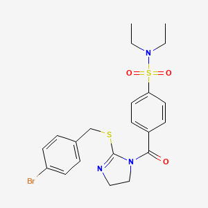 molecular formula C21H24BrN3O3S2 B2599577 4-(2-((4-bromobenzyl)thio)-4,5-dihydro-1H-imidazole-1-carbonyl)-N,N-diethylbenzenesulfonamide CAS No. 851800-83-4