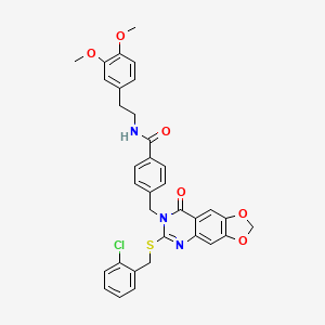 molecular formula C34H30ClN3O6S B2599587 4-((6-((2-chlorobenzyl)thio)-8-oxo-[1,3]dioxolo[4,5-g]quinazolin-7(8H)-yl)methyl)-N-(3,4-dimethoxyphenethyl)benzamide CAS No. 688062-20-6