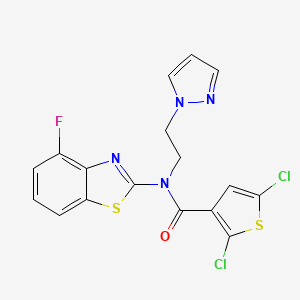 molecular formula C17H11Cl2FN4OS2 B2599612 N-(2-(1H-pyrazol-1-yl)ethyl)-2,5-dichloro-N-(4-fluorobenzo[d]thiazol-2-yl)thiophene-3-carboxamide CAS No. 1171645-40-1