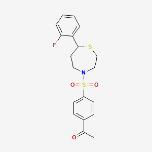 molecular formula C19H20FNO3S2 B2599621 1-(4-((7-(2-Fluorophenyl)-1,4-thiazepan-4-yl)sulfonyl)phenyl)ethanone CAS No. 1704520-50-2