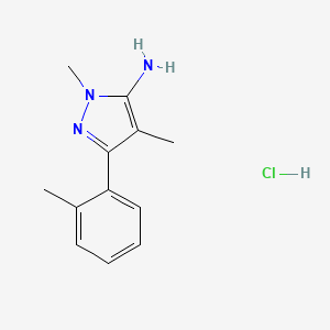 molecular formula C12H16ClN3 B2599622 2,4-二甲基-5-(2-甲苯基)吡唑-3-胺；盐酸盐 CAS No. 2260937-64-0