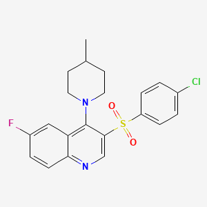 molecular formula C21H20ClFN2O2S B2599637 3-(4-Chlorophenyl)sulfonyl-6-fluoro-4-(4-methylpiperidin-1-yl)quinoline CAS No. 866871-45-6