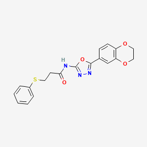 molecular formula C19H17N3O4S B2599640 N-(5-(2,3-dihydrobenzo[b][1,4]dioxin-6-yl)-1,3,4-oxadiazol-2-yl)-3-(phenylthio)propanamide CAS No. 887873-97-4