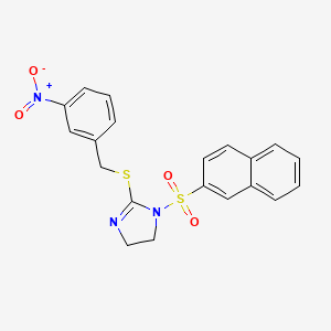 molecular formula C20H17N3O4S2 B2599649 1-Naphthalen-2-ylsulfonyl-2-[(3-nitrophenyl)methylsulfanyl]-4,5-dihydroimidazole CAS No. 868219-04-9