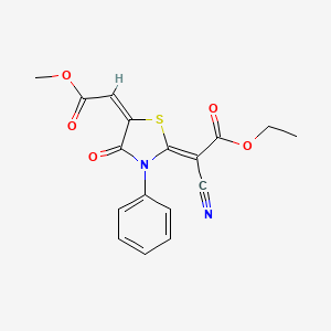 molecular formula C17H14N2O5S B2599664 (Z)-ethyl 2-cyano-2-((E)-5-(2-methoxy-2-oxoethylidene)-4-oxo-3-phenylthiazolidin-2-ylidene)acetate CAS No. 799795-23-6