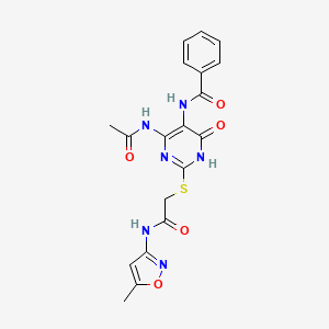 molecular formula C19H18N6O5S B2599698 N-(4-acetamido-2-((2-((5-methylisoxazol-3-yl)amino)-2-oxoethyl)thio)-6-oxo-1,6-dihydropyrimidin-5-yl)benzamide CAS No. 872608-71-4