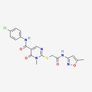 molecular formula C18H16ClN5O4S B2599702 N-(4-chlorophenyl)-1-methyl-2-((2-((5-methylisoxazol-3-yl)amino)-2-oxoethyl)thio)-6-oxo-1,6-dihydropyrimidine-5-carboxamide CAS No. 894035-44-0