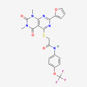 molecular formula C21H16F3N5O5S B2599744 2-((2-(furan-2-yl)-6,8-dimethyl-5,7-dioxo-5,6,7,8-tetrahydropyrimido[4,5-d]pyrimidin-4-yl)thio)-N-(4-(trifluoromethoxy)phenyl)acetamide CAS No. 847191-07-5
