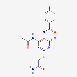 molecular formula C15H14FN5O4S B2599746 N-(4-acetamido-2-((2-amino-2-oxoethyl)thio)-6-oxo-1,6-dihydropyrimidin-5-yl)-4-fluorobenzamide CAS No. 872608-78-1