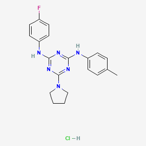 molecular formula C20H22ClFN6 B2599844 盐酸N2-(4-氟苯基)-6-(吡咯烷-1-基)-N4-(对甲苯基)-1,3,5-三嗪-2,4-二胺 CAS No. 1179449-09-2