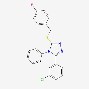 molecular formula C21H15ClFN3S B2599854 3-(3-Chlorophenyl)-5-[(4-fluorophenyl)methylsulfanyl]-4-phenyl-1,2,4-triazole CAS No. 874792-62-8