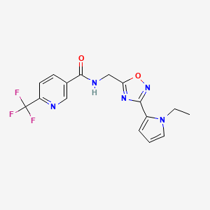 molecular formula C16H14F3N5O2 B2599877 N-((3-(1-ethyl-1H-pyrrol-2-yl)-1,2,4-oxadiazol-5-yl)methyl)-6-(trifluoromethyl)nicotinamide CAS No. 2034454-26-5