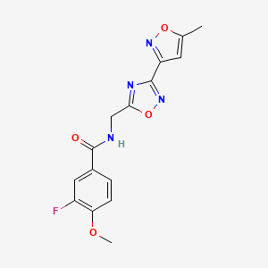 molecular formula C15H13FN4O4 B2599894 3-fluoro-4-methoxy-N-((3-(5-methylisoxazol-3-yl)-1,2,4-oxadiazol-5-yl)methyl)benzamide CAS No. 2034322-04-6