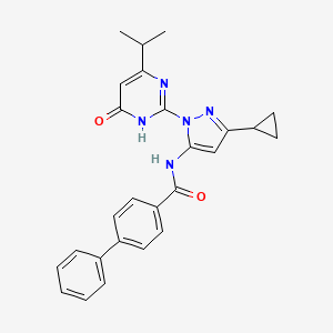 molecular formula C26H25N5O2 B2599928 N-(3-cyclopropyl-1-(4-isopropyl-6-oxo-1,6-dihydropyrimidin-2-yl)-1H-pyrazol-5-yl)-[1,1'-biphenyl]-4-carboxamide CAS No. 1207053-42-6