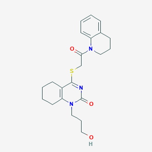 molecular formula C22H27N3O3S B2600043 4-((2-(3,4-dihydroquinolin-1(2H)-yl)-2-oxoethyl)thio)-1-(3-hydroxypropyl)-5,6,7,8-tetrahydroquinazolin-2(1H)-one CAS No. 899977-62-9
