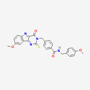 molecular formula C27H24N4O4S B2600059 4-({8-甲氧基-4-氧代-2-硫代亚甲基-1H,2H,3H,4H,5H-嘧啶并[5,4-b]吲哚-3-基}甲基)-N-[(4-甲氧基苯基)甲基]苯甲酰胺 CAS No. 892290-41-4