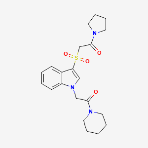 molecular formula C21H27N3O4S B2600103 2-((1-(2-氧代-2-(哌啶-1-基)乙基)-1H-吲哚-3-基)磺酰基)-1-(吡咯烷-1-基)乙酮 CAS No. 878058-26-5