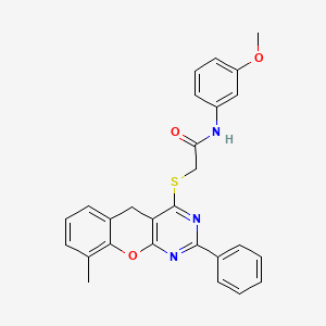 molecular formula C27H23N3O3S B2600112 N-(3-methoxyphenyl)-2-((9-methyl-2-phenyl-5H-chromeno[2,3-d]pyrimidin-4-yl)thio)acetamide CAS No. 872206-65-0