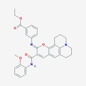 molecular formula C32H31N3O5 B2600165 3-[((11Z)-10-{[(2-甲氧基苯基)氨基]羰基}-2,3,6,7-四氢-1H,5H,11H-吡喃并[2,3-f]吡啶并[3,2,1-ij]喹啉-11-亚氨基)氨基]苯甲酸乙酯 CAS No. 1321918-77-7