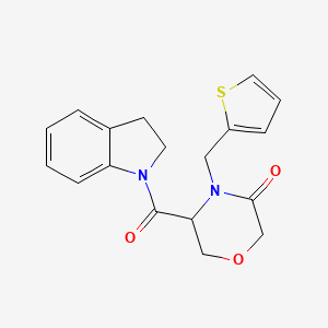 molecular formula C18H18N2O3S B2600171 5-(吲哚啉-1-羰基)-4-(噻吩-2-基甲基)吗啉-3-酮 CAS No. 1421445-60-4