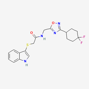 molecular formula C19H20F2N4O2S B2600178 2-((1H-indol-3-yl)thio)-N-((3-(4,4-difluorocyclohexyl)-1,2,4-oxadiazol-5-yl)methyl)acetamide CAS No. 2034518-72-2