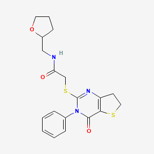 molecular formula C19H21N3O3S2 B2600202 2-((4-oxo-3-phenyl-3,4,6,7-tetrahydrothieno[3,2-d]pyrimidin-2-yl)thio)-N-((tetrahydrofuran-2-yl)methyl)acetamide CAS No. 686770-59-2