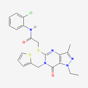 molecular formula C21H20ClN5O2S2 B2600206 N-(2-chlorophenyl)-2-((1-ethyl-3-methyl-7-oxo-6-(thiophen-2-ylmethyl)-6,7-dihydro-1H-pyrazolo[4,3-d]pyrimidin-5-yl)thio)acetamide CAS No. 1357973-62-6