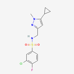 molecular formula C14H15ClFN3O2S B2600271 3-chloro-N-((5-cyclopropyl-1-methyl-1H-pyrazol-3-yl)methyl)-4-fluorobenzenesulfonamide CAS No. 1448026-74-1