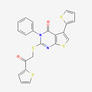 molecular formula C22H14N2O2S4 B2600398 2-((2-oxo-2-(thiophen-2-yl)ethyl)thio)-3-phenyl-5-(thiophen-2-yl)thieno[2,3-d]pyrimidin-4(3H)-one CAS No. 503431-91-2