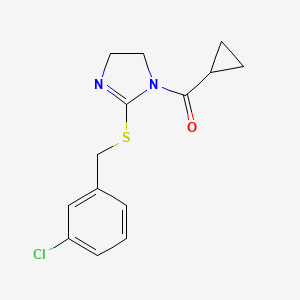 molecular formula C14H15ClN2OS B2600422 （2-((3-氯苄基)硫代)-4,5-二氢-1H-咪唑-1-基）（环丙基）甲酮 CAS No. 851807-97-1