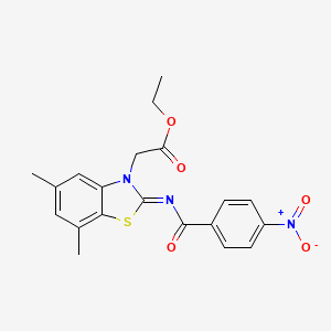 molecular formula C20H19N3O5S B2600467 Ethyl 2-[5,7-dimethyl-2-(4-nitrobenzoyl)imino-1,3-benzothiazol-3-yl]acetate CAS No. 1321973-99-2