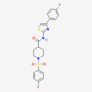 molecular formula C21H19F2N3O3S2 B2600504 1-((4-氟苯基)磺酰基)-N-(4-(4-氟苯基)噻唑-2-基)哌啶-4-甲酰胺 CAS No. 922454-14-6