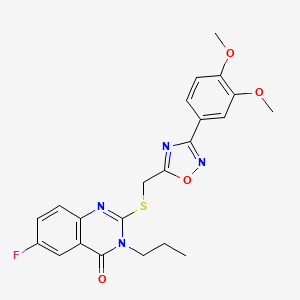 molecular formula C22H21FN4O4S B2600509 2-(((3-(3,4-dimethoxyphenyl)-1,2,4-oxadiazol-5-yl)methyl)thio)-6-fluoro-3-propylquinazolin-4(3H)-one CAS No. 2319876-76-9