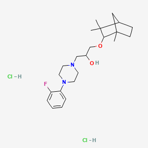 molecular formula C23H37Cl2FN2O2 B2600544 1-(4-(2-fluorophenyl)piperazin-1-yl)-3-(((2R)-1,3,3-trimethylbicyclo[2.2.1]heptan-2-yl)oxy)propan-2-ol dihydrochloride CAS No. 473804-13-6