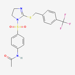 molecular formula C19H18F3N3O3S2 B2600568 N-[4-[[2-[[4-(trifluoromethyl)phenyl]methylsulfanyl]-4,5-dihydroimidazol-1-yl]sulfonyl]phenyl]acetamide CAS No. 868218-33-1