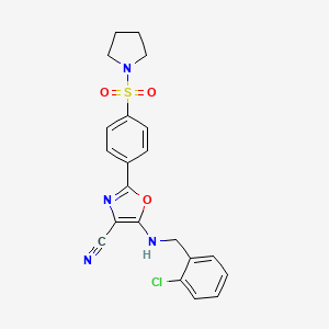 molecular formula C21H19ClN4O3S B2600573 5-[(2-Chlorobenzyl)amino]-2-[4-(pyrrolidin-1-ylsulfonyl)phenyl]-1,3-oxazole-4-carbonitrile CAS No. 941245-16-5