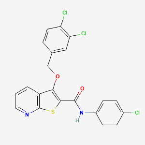 molecular formula C21H13Cl3N2O2S B2600592 N-(4-chlorophenyl)-3-[(3,4-dichlorophenyl)methoxy]thieno[2,3-b]pyridine-2-carboxamide CAS No. 338756-88-0
