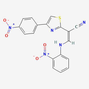 molecular formula C18H11N5O4S B2600680 (Z)-3-((2-nitrophenyl)amino)-2-(4-(4-nitrophenyl)thiazol-2-yl)acrylonitrile CAS No. 476676-67-2