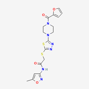 molecular formula C17H18N6O4S2 B2600694 2-((5-(4-(furan-2-carbonyl)piperazin-1-yl)-1,3,4-thiadiazol-2-yl)thio)-N-(5-methylisoxazol-3-yl)acetamide CAS No. 1172506-93-2