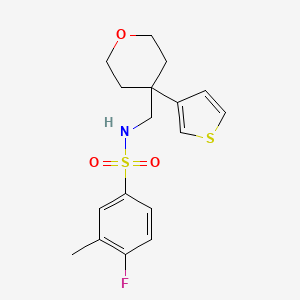 molecular formula C17H20FNO3S2 B2600824 4-fluoro-3-methyl-N-((4-(thiophen-3-yl)tetrahydro-2H-pyran-4-yl)methyl)benzenesulfonamide CAS No. 2309604-15-5