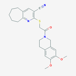 molecular formula C24H27N3O3S B2600825 2-[2-(6,7-dimethoxy-3,4-dihydro-1H-isoquinolin-2-yl)-2-oxoethyl]sulfanyl-6,7,8,9-tetrahydro-5H-cyclohepta[b]pyridine-3-carbonitrile CAS No. 445383-85-7