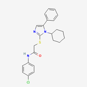 molecular formula C23H24ClN3OS B2600874 N-(4-chlorophenyl)-2-((1-cyclohexyl-5-phenyl-1H-imidazol-2-yl)thio)acetamide CAS No. 1207008-34-1