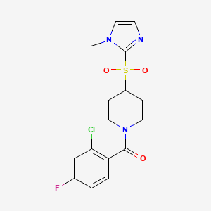 molecular formula C16H17ClFN3O3S B2600919 (2-chloro-4-fluorophenyl)(4-((1-methyl-1H-imidazol-2-yl)sulfonyl)piperidin-1-yl)methanone CAS No. 2034444-80-7