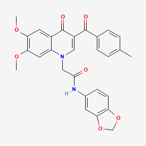 molecular formula C28H24N2O7 B2600979 N-(1,3-benzodioxol-5-yl)-2-[6,7-dimethoxy-3-(4-methylbenzoyl)-4-oxoquinolin-1-yl]acetamide CAS No. 866589-99-3