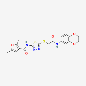 molecular formula C19H18N4O5S2 B2601023 N-(5-((2-((2,3-dihydrobenzo[b][1,4]dioxin-6-yl)amino)-2-oxoethyl)thio)-1,3,4-thiadiazol-2-yl)-2,5-dimethylfuran-3-carboxamide CAS No. 1219842-06-4