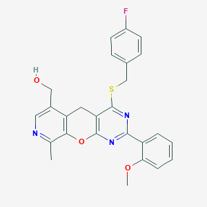 molecular formula C26H22FN3O3S B2601033 (4-((4-fluorobenzyl)thio)-2-(2-methoxyphenyl)-9-methyl-5H-pyrido[4',3':5,6]pyrano[2,3-d]pyrimidin-6-yl)methanol CAS No. 892414-87-8