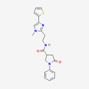 molecular formula C21H22N4O2S B2601041 5-氧代-1-苯基吡咯烷-3-甲酰胺-N-(2-(1-甲基-4-(噻吩-2-基)-1H-咪唑-2-基)乙基) CAS No. 1421513-32-7