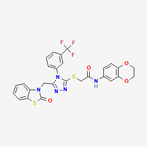 molecular formula C27H20F3N5O4S2 B2601106 N-(2,3-dihydrobenzo[b][1,4]dioxin-6-yl)-2-((5-((2-oxobenzo[d]thiazol-3(2H)-yl)methyl)-4-(3-(trifluoromethyl)phenyl)-4H-1,2,4-triazol-3-yl)thio)acetamide CAS No. 896677-94-4