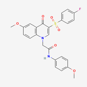 molecular formula C25H21FN2O6S B2601120 2-[3-(4-fluorophenyl)sulfonyl-6-methoxy-4-oxoquinolin-1-yl]-N-(4-methoxyphenyl)acetamide CAS No. 866808-56-2