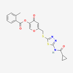 molecular formula C20H17N3O5S2 B2601248 6-(((5-(环丙烷甲酰胺)-1,3,4-噻二唑-2-基)硫代)甲基)-4-氧代-4H-吡喃-3-基 2-甲基苯甲酸酯 CAS No. 877650-70-9